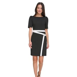DKNY Women's Contrast Puff-Sleeve Boat-Neck DRESS